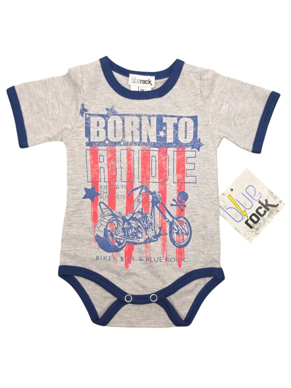 NWT Baby Boutique Blue Rock Born to Ride Outfit Bodysuit 9 Months Bikes Bibs Gra